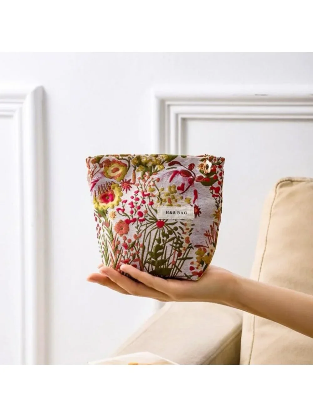 Large Floral Embroidery Makeup Bag | Vintage Cosmetic Pouch for Travel & Daily